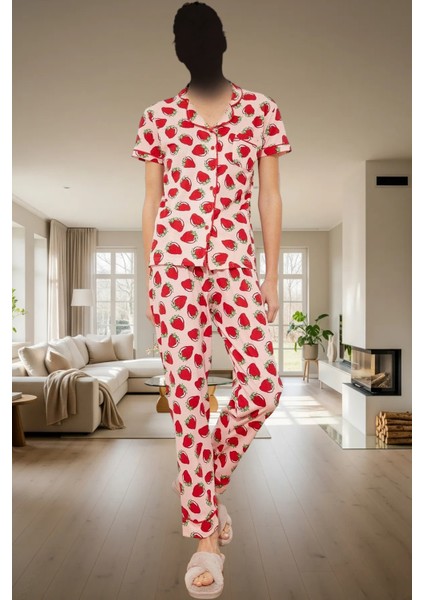 3'lü Çilek Desenli Ipliği Boyalı Pijama Takımı Rahat ve Şık Uyku Deneyimi Dayanıklı Malzeme fiyatları