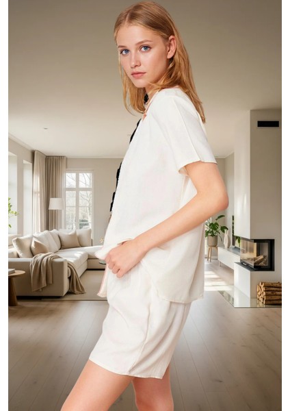 Rahat Yazlık Pijama Takımı Viskoz Kurdele Detaylı Şortlu Kaliteli Işçilik Özenle Seçilmiş modelleri