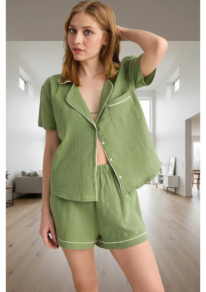 Rahat Şortlu Pijama Takımı %100 Pamuk Müslin Dokuma Regular Günlük Kullanım Için
