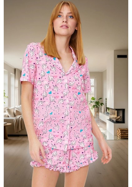 Yazlık Pamuklu Pijama Unicorn Desenli Regular Kalıp Kısa Kollu Dayanıklı Malzeme Özel Tasarım