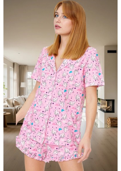 Yazlık Pamuklu Pijama Unicorn Desenli Regular Kalıp Kısa Kollu Dayanıklı Malzeme Özel Tasarım fiyatları
