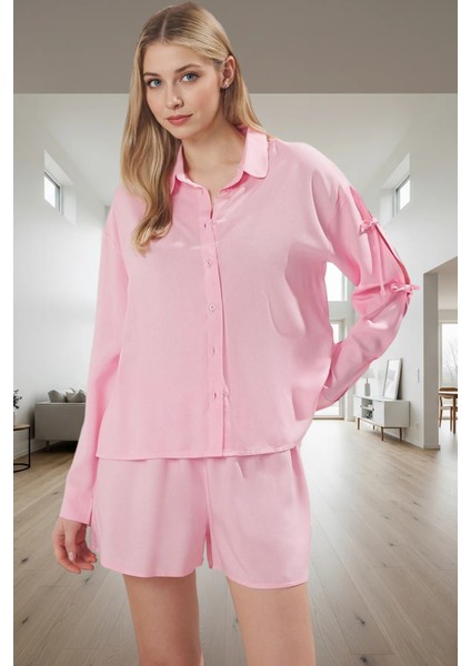 Homewear Şortlu Pijama Takımı Viskoz Bağlamalı Regular Kalıp Rahat Profesyonel Görünüm