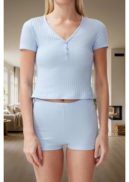 Rahat ve Şık Örme Pijama Takımı Pamuk Polyester Kısa Kollu Yaz Mevsimi Uzun Ömürlü