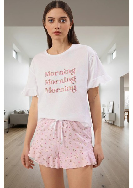 Pamuklu Rahat Pijama Takımı Çiçekli Desenli Volanlı Şort ve Bisiklet Yaka Tişört Dayanıklı Malzeme