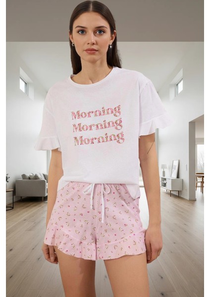 Pamuklu Rahat Pijama Takımı Çiçekli Desenli Volanlı Şort ve Bisiklet Yaka Tişört Dayanıklı Malzeme fiyatları