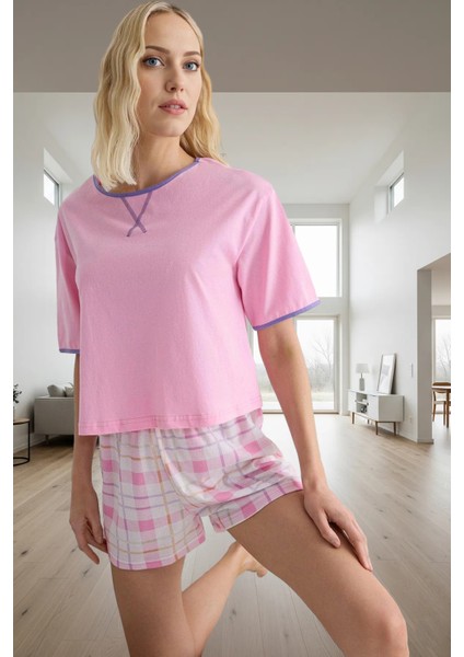 Yazlık Ekose Desenli Pamuklu Pijama Takımı Kısa Kollu Rahat Kalıp Trend Tasarım