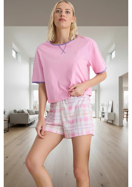 Yazlık Ekose Desenli Pamuklu Pijama Takımı Kısa Kollu Rahat Kalıp Trend Tasarım fiyatları