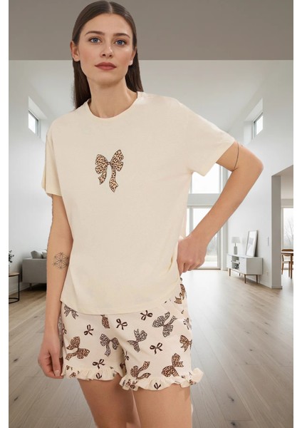Ev Giyim %100 Pamuk Örme Pijama Takımı Kısa Kol Boru Paça Leopar Desen Zarifane Tasarım