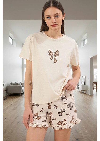 Ev Giyim %100 Pamuk Örme Pijama Takımı Kısa Kol Boru Paça Leopar Desen Zarifane Tasarım fiyatları