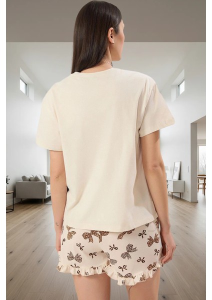 Ev Giyim %100 Pamuk Örme Pijama Takımı Kısa Kol Boru Paça Leopar Desen Zarifane Tasarım modelleri