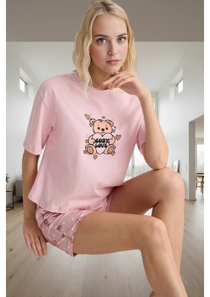 Ayıcıklı Desenli %100 Pamuk Pijama Takımı Uyku Bandı Şort Regular Kalıp Konforlu Kesim fiyatları