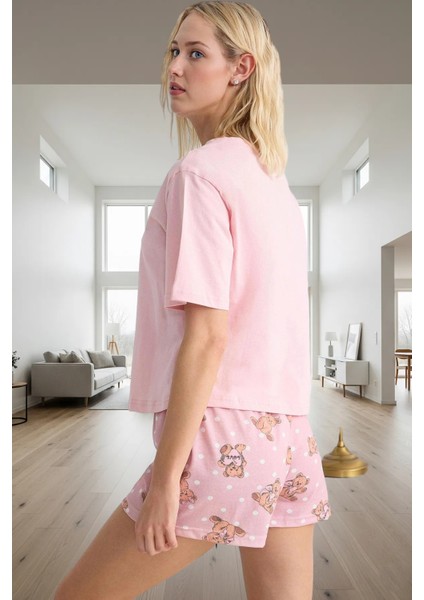 Ayıcıklı Desenli %100 Pamuk Pijama Takımı Uyku Bandı Şort Regular Kalıp Konforlu Kesim modelleri