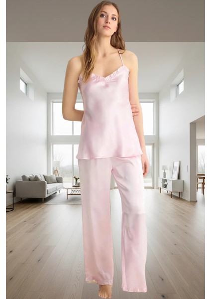 Rahat Saten Pijama Takımı Fırfırlı Ince Askılı Ev Giyim Seti Seçkin Malzeme
