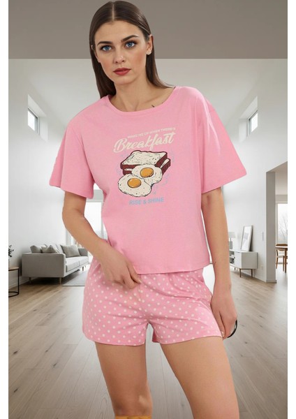 Yazlık Pamuklu Pijama Puantiyeli Şort ve Bisiklet Yaka Tişört Modern Stil Profesyonel Görünüm