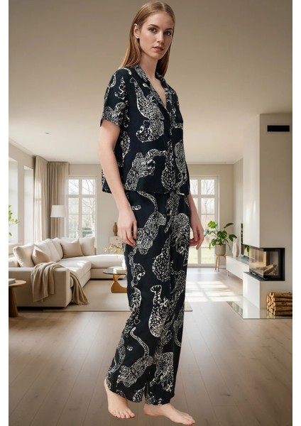 Rahat Ev Giyim %100 Viskon Kaplan Desenli Pijama Takımı Modern Stil Mükemmel Uyum Trend Tasarım
