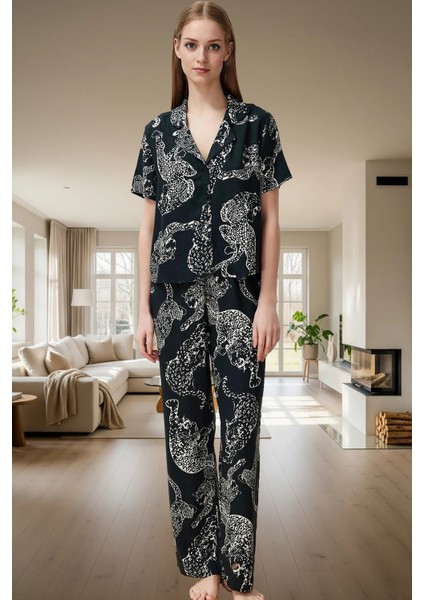 Rahat Ev Giyim %100 Viskon Kaplan Desenli Pijama Takımı Modern Stil Mükemmel Uyum Trend Tasarım fiyatları