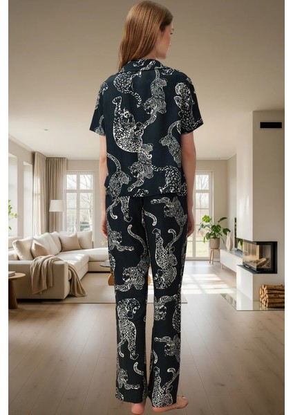 Rahat Ev Giyim %100 Viskon Kaplan Desenli Pijama Takımı Modern Stil Mükemmel Uyum Trend Tasarım modelleri