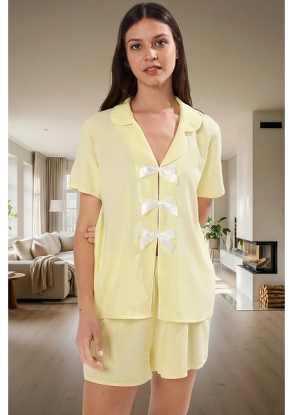 Rahat Yazlık Pijama Takımı Viskoz Kurdele Detaylı Şortlu Kaliteli Işçilik Özenle Seçilmiş fiyatları