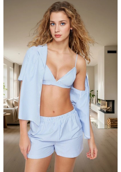3lü Yazlık Pijama Takımı Çizgili Poplin Dokuma Set Yüksek Kalite Şık Görünüm fiyatları