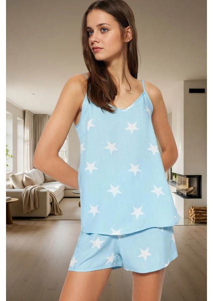 Rahat Ev Giyim Takımı Yıldız Desenli Shally Viskoz Pijama Premium Kalite Trend Tasarım fiyatları