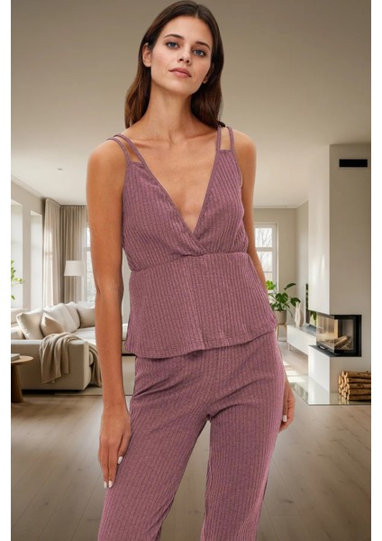 Ince Askılı Pijama Takımı %64 Polyester %33 Pamuk %3 Viskoz Karışımı Boru Paça Rahat ve Şık