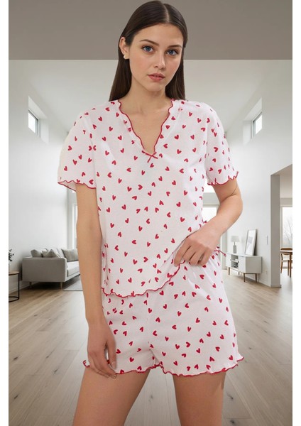 Pamuklu Rahat Kalıp Pijama Takımı Kalpli Desenli Yazlık Homewear Profesyonel Görünüm