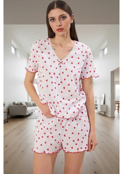 Pamuklu Rahat Kalıp Pijama Takımı Kalpli Desenli Yazlık Homewear Profesyonel Görünüm fiyatları