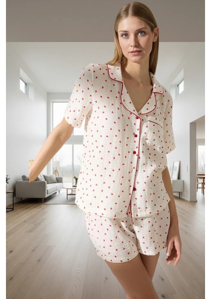Rahat ve Şık Müslin Pijama Takımı %100 Pamuk Kalpli Desen Boru Paça Premium Kalite Uzun Ömürlü