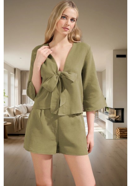 Ev Giyim Takımı %100 Pamuk Müslin Regular Kalıp Rahat Şort ve Gömlek Profesyonel Görünüm