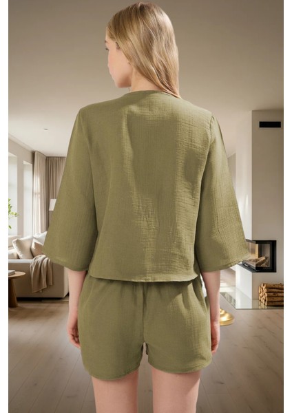 Ev Giyim Takımı %100 Pamuk Müslin Regular Kalıp Rahat Şort ve Gömlek Profesyonel Görünüm modelleri