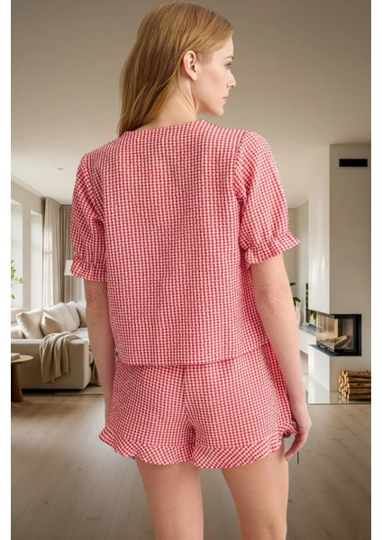 Nefes Alan Gofre Dokuma Pijama Takımı Ekose Şortlu V Yaka Günlük Kullanım Için modelleri