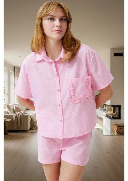 Yazlık Rahat Ev Giyim Seti Pamuklu Pijama Takımı Fırfırlı Detay Trend Tasarım