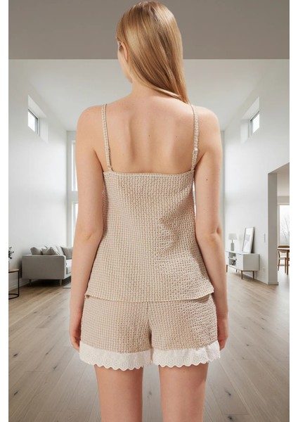 Yazlık Ince Askılı Pamuklu Pijama Takımı Ekoseli Gofre Dokuma Regular Kalıp Zarifane Tasarım modelleri