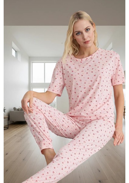 Rahat Örme Pijama Takımı Kalp Desenli Yumuşak Polyester Pamuk Karışımı Modern Stil