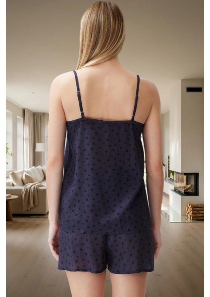 Rahat Uyku Için Yıldızlı Viskoz Pijama Takımı Ince Askılı V Yaka Boru Paça modelleri