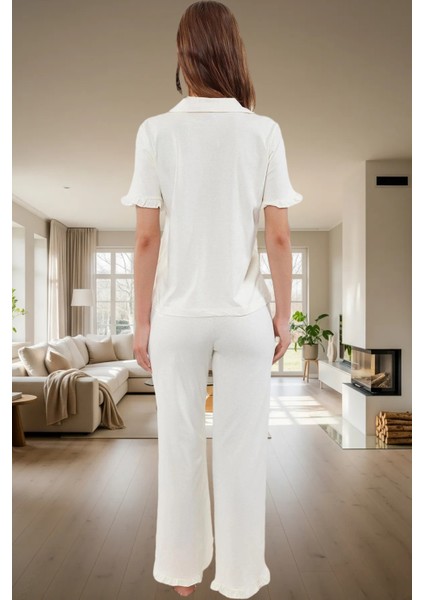 Şık Leopar Desenli Pamuklu Pijama Takımı Fırfır Detaylı Rahat Kesim Trend Tasarım modelleri