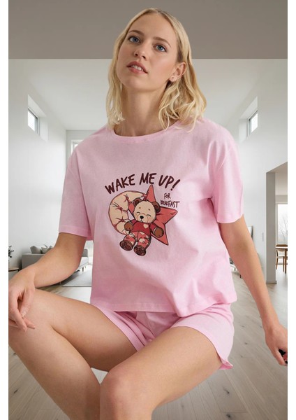 Ayıcıklı Pijama Takımı %100 Pamuk Kısa Kollu Rahat Kalıp Yazlık Uzun Ömürlü Konforlu Kesim