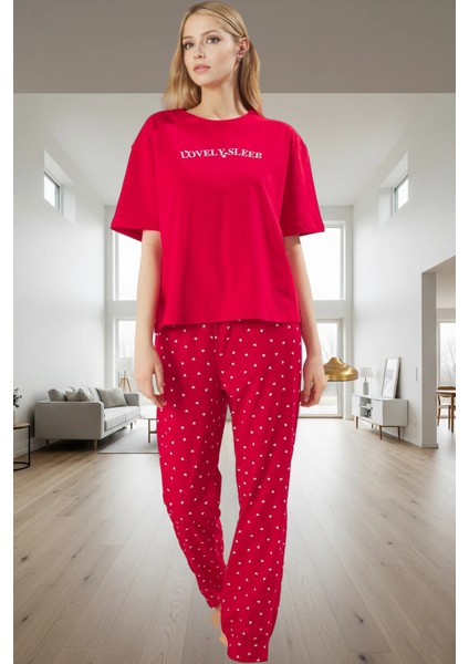 Şık Kalpli Desenli Pijama Takımı Pamuklu Rahat ve 2'li Profesyonel Görünüm