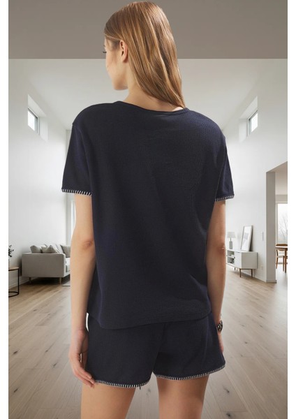 Rahat Yazlık Pijama Takımı Waffle Kumaş Karyoka Dikişli 2li Günlük Kullanım Için Modern Stil modelleri