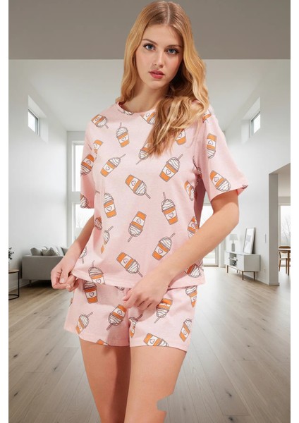Ev Giyim Için %100 Pamuk Baskılı Pijama Takımı Şortlu ve Kısa Kollu Tasarım Rahat Kullanım