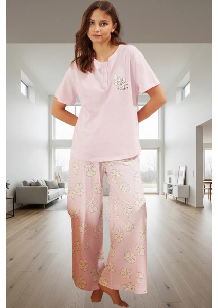 Ilkbahar Sonbahar Homewear %100 Pamuk Çiçekli Pijama Takımı Modern Stil Kaliteli Işçilik