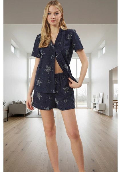 Örme Pamuklu Pijama Takımı Yıldız Desenli Gömlek ve Şort Seti Rahat Kullanım Şık