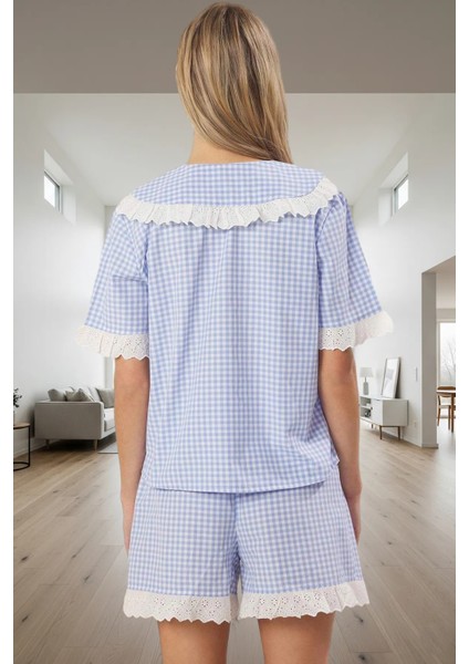 Ekose Dantel Detaylı Poplin Pijama Takımı Yazlık Şortlu Gömlek Regular Kalıp Uzun Ömürlü