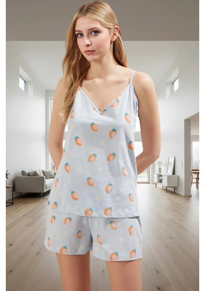 Nefes Alan Pamuklu Pijama Takımı V Yaka Çilek Desenli Yazlık Günlük Kullanım Için Uzun Ömürlü fiyatları