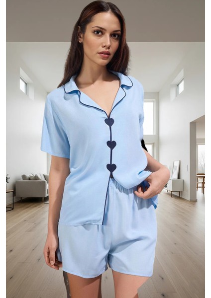 Yazlık Şortlu Pijama Takımı Nefes Alan Viskoz Kumaş Kalpli Detaylar Dayanıklı Malzeme