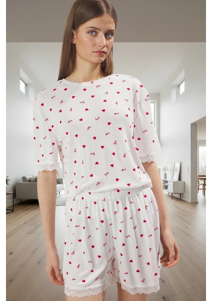 Rahat Pijama Takımı Kalp Desenli Örme Kumaş Dantel Detay Yazlık Uzun Ömürlü Mükemmel Uyum fiyatları