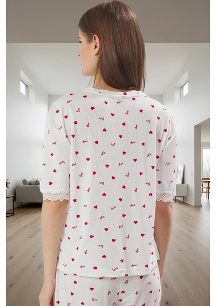 Rahat Pijama Takımı Kalp Desenli Örme Kumaş Dantel Detay Yazlık Uzun Ömürlü Mükemmel Uyum modelleri