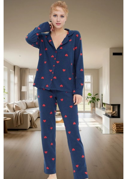 Kışlık %100 Pamuklu Pijama Takımı Kalpli Desenli Rahat Profesyonel Görünüm ve Şık