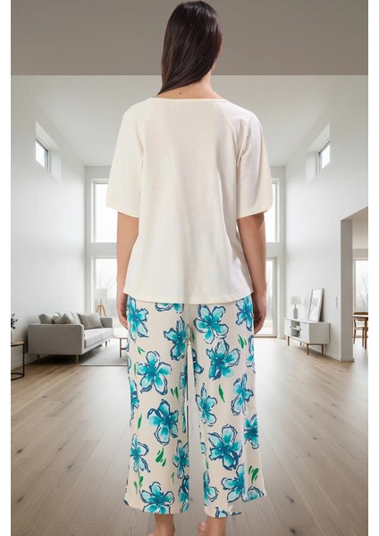 Nefes Alan Pamuklu Pijama Takımı Çiçekli Desenli Kayık Yaka Boru Paça Premium Kalite fiyatları