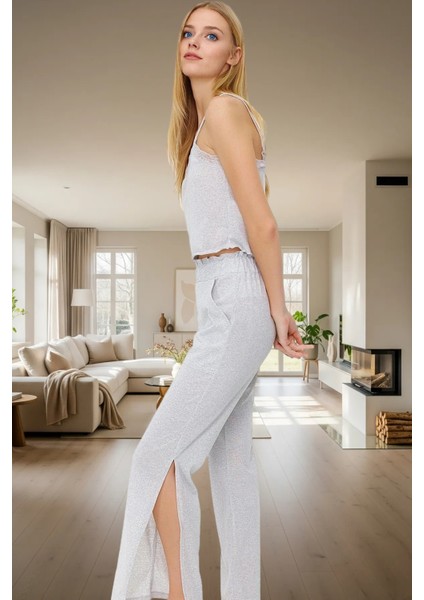 Rahat Kesim Melanj Pijama Takımı Pamuk Polyester V Yaka Uzun Paça ve Şık
